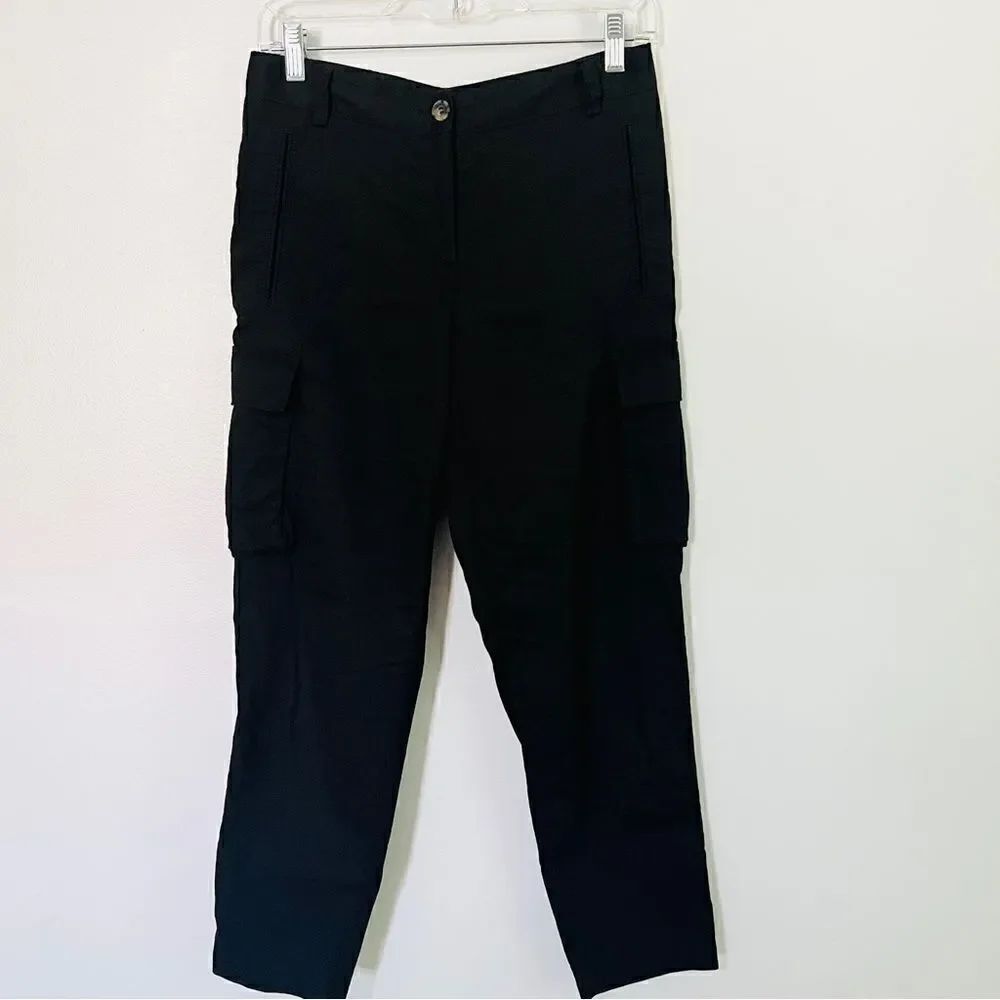Theory Rich Black Linen Blend Tapered Cargo Style Cropped Pants